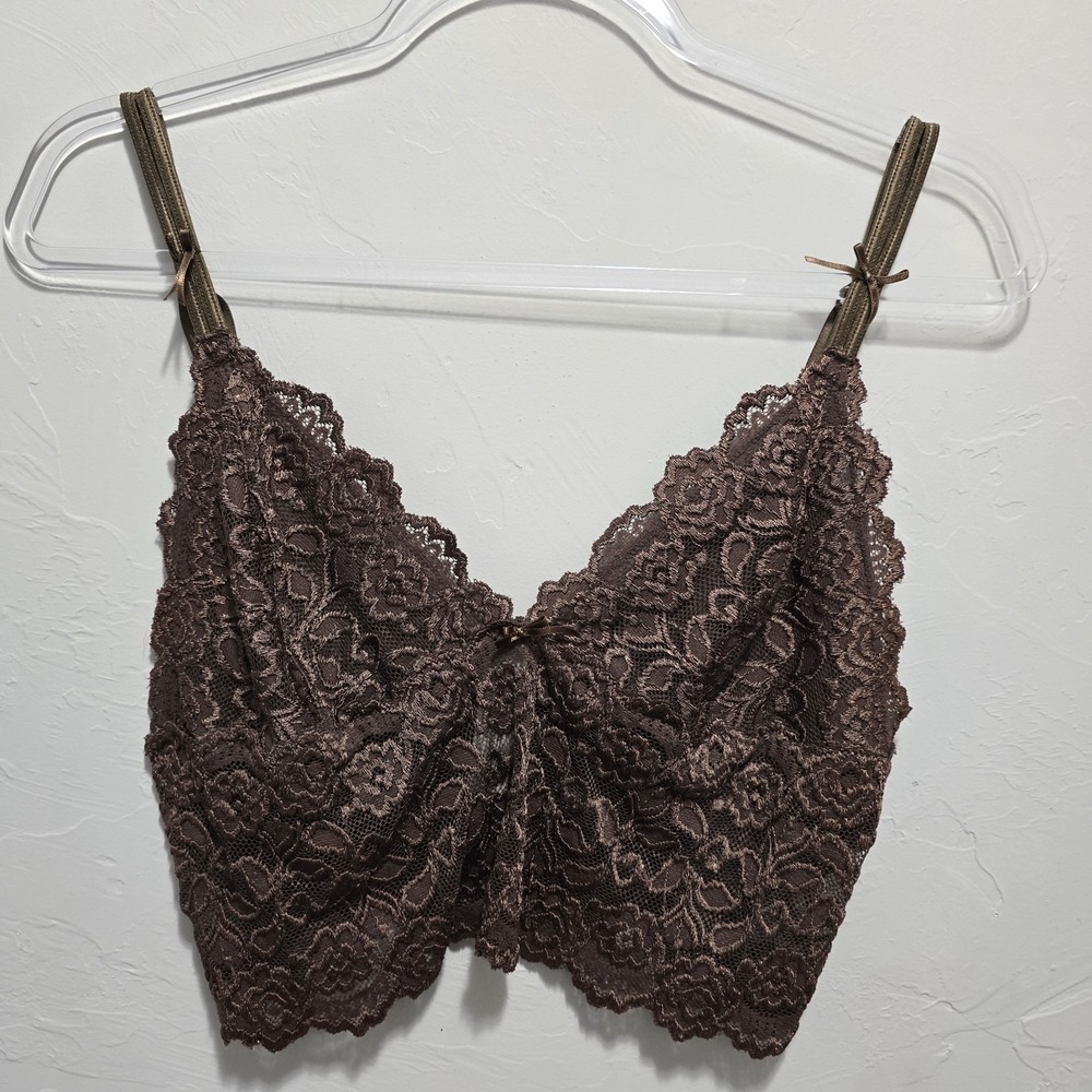 Y2K Cabernet Brown Floral Lace‎ Bralette XL Sheer Wireless Lingerie Crop Bra